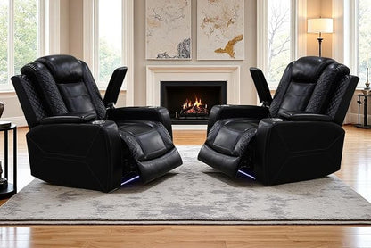 Black Leather Living Room Furniture Set,Power Theater Recliner Chair with Arm Storage and LED Lights, Reclining with Power Headrest and Cup Holders for Living Room/Home/Office