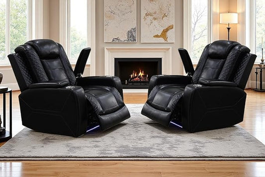Black Leather Living Room Furniture Set,Power Theater Recliner Chair with Arm Storage and LED Lights, Reclining with Power Headrest and Cup Holders for Living Room/Home/Office