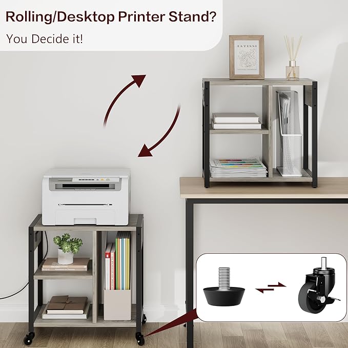 IDEALHOUSE Under Desk Printer Stand with Power Outlets and USB Charging Ports, Desktop Printer Table with Storage Shelf, 4 Tier Mobile Printer Stand with Wheels for Home Office, Rustic Gray