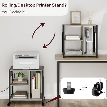 IDEALHOUSE Under Desk Printer Stand with Power Outlets and USB Charging Ports, Desktop Printer Table with Storage Shelf, 4 Tier Mobile Printer Stand with Wheels for Home Office, Rustic Gray