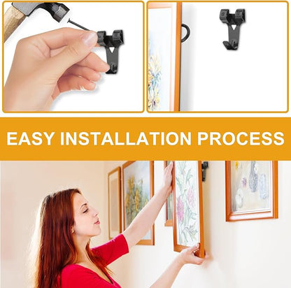 KURUI Picture Hangers, 385Pcs Picture Hanging Kit with Heavy Duty Picture Hanging Hooks, Sawtooth, Hardware Nails and Picture Hanging Tool, Wall Hangers for Frame, Painting, Art, Photo (Black)