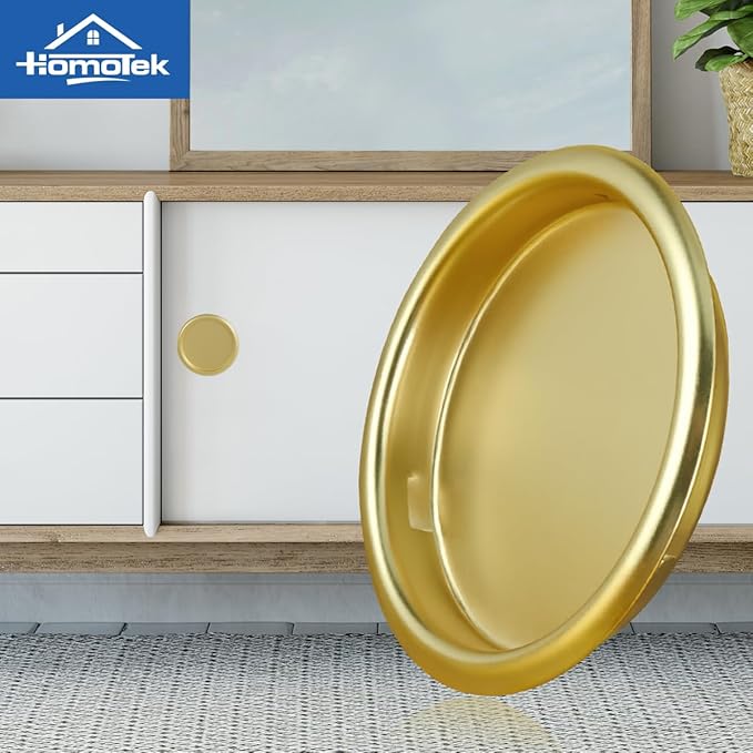 HOMOTEK 12 Pack Closet Door Finger Pull 2-1/16”, Easy Snap in Installation, Brushed Brass Finish, Fits a 5/16”Depth x 2-1/16" Diameter Opening Hole