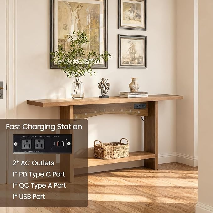 71" Console Table with Charging Station, Farmhouse Entryway Table, Entryway Table with Storage for Living Room or Foyer, Sofa Table for Hallway with Anti-Tip, Easy Assembly, Brown