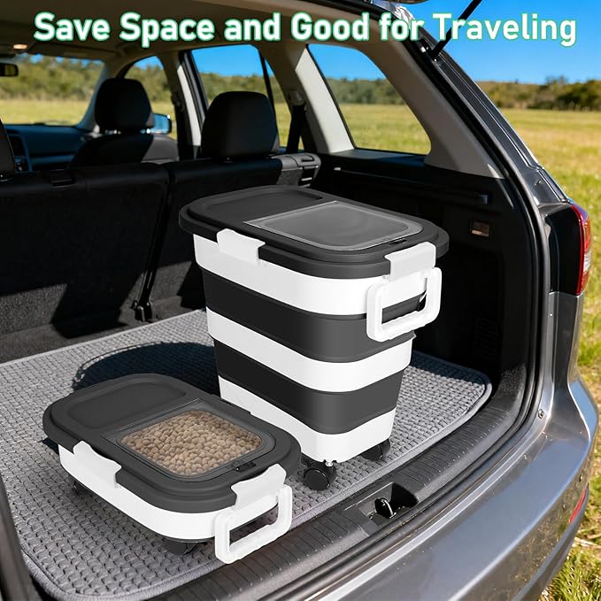 ShineMe Dog Food Storage Container, 30 Lbs Collapsible Food Storage Containers with Rolling Wheel Airtight Locking Lid, Cat Foods Bin with Cup and Scoop, Suitable for Pet Snack, Rice, Flour (Black)