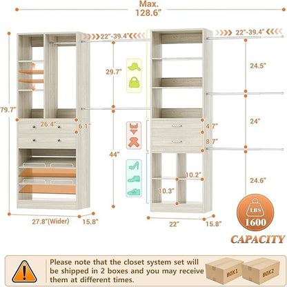 Closet System, Up to 128.6"/10.7 FT Closet Organizer with 4 Wooden Drawers and Shelves, Walk-in Closet System with 6 Hanging Rods, Built-in Closet Can Fit 96"/8FT, 120"/10FT, Greige Oak