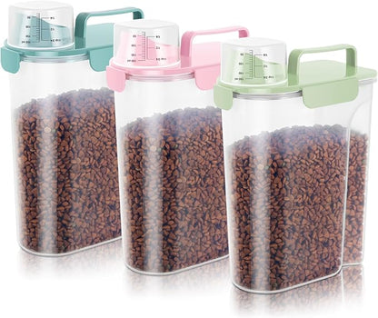 10-20Lbs Portable Cat Dog Food Storage Container with Upgraded Large Spout and Cup Dispenser for Small Large Animal Kibble, Pet Bird Snack, Oatmeal, Rice, Flour, Brown Sugart-3 Pack Pink Blue Green