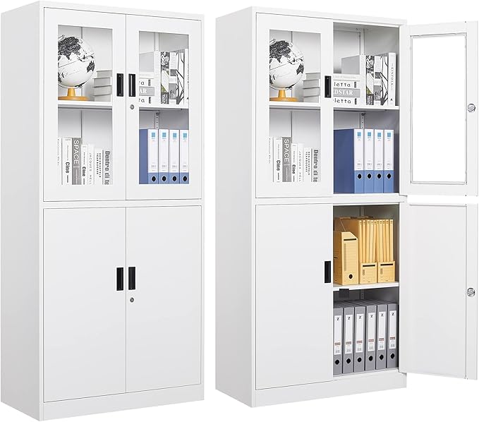 Letaya Storage Cabinet with Doors and Shelves,71" Steel Locker Acrylic Glass Door with Lock, for School Home Office