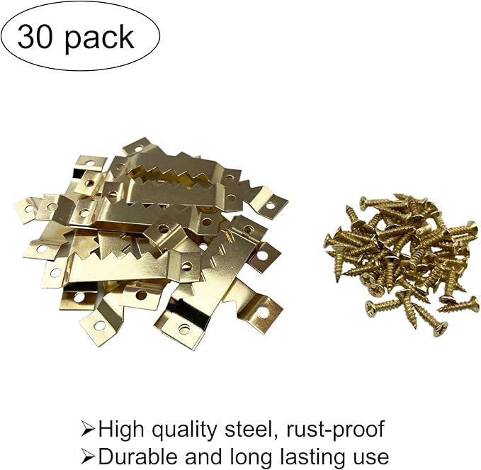 30 Pack Large Sawtooth Picture Hangers - Steel Picture Hanging Solutions with Screws, for Hanging Clock Paintings Artwork Frame Hooks (Gold)