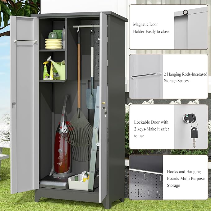 73''H Metal Outdoor Storage Cabinet, Garage Storage Cabinets with Shelves & Lockable Doors, Broom Cabinets for Cleaning Supplies, Waterproof Storage Shed for Garden, Porch（15.4" D x 31.5" W ）