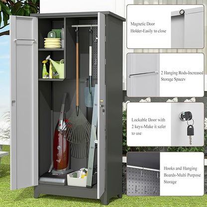73''H Metal Outdoor Storage Cabinet, Garage Storage Cabinets with Shelves & Lockable Doors, Broom Cabinets for Cleaning Supplies, Waterproof Storage Shed for Garden, Porch（15.4" D x 31.5" W ）