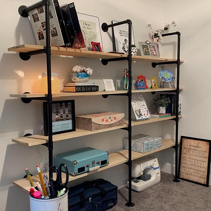 HITOMEN Industrial Iron Pipe Shelves, 2 Set 4-Tier 57.5" Tall 12" Depth, DIY Open Bookshelf Bookcase, Wall Mounted Vintage Retro Shelving, Rustic Farmhouse Pantry Kitchen Storage, Black Shelf Brackets