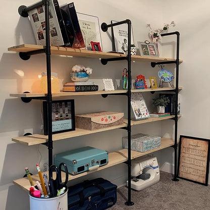 HITOMEN Industrial Iron Pipe Shelves, 2 Set 4-Tier 57.5" Tall 12" Depth, DIY Open Bookshelf Bookcase, Wall Mounted Vintage Retro Shelving, Rustic Farmhouse Pantry Kitchen Storage, Black Shelf Brackets