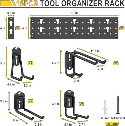 Ultrawall Garage Storage Organization, Versatile Storage Hooks Garden Tool Organizer Wall Mount, 48 Inch Yard Tool Organizer Hangers for Shovels, Rakes, Ladders, 15pcs Black