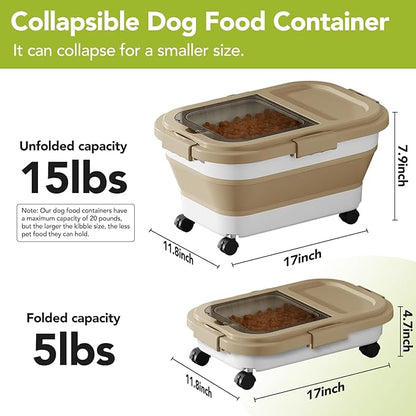 Ca15 Lbs Dog/Cat Food Storage Container,Collapsible Food Storage Containers with Rolling Wheel Airtight Locking Lid,Pet Food Storage Container with Cup and Scoop,Khaki