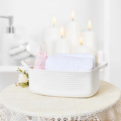 ABenkle Small Storage Basket with Handles, Cotton Rope Woven Dog Cat Toy Bin, Decorative Shelves Closet Organizing for Nursery Laundry Bedroom, 14.2''x 11''x 5.1''
