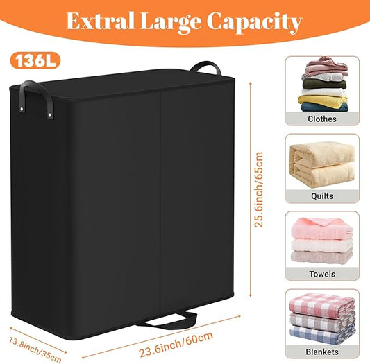 Large Double Laundry Hamper with Lid, Removable Bags & Reinforced Handles, 2 Section Tall Laundry Basket, Dirty Clothes Hampers for Laundry Room, Bedroom, Bathroom, Dorm, 136L, Black