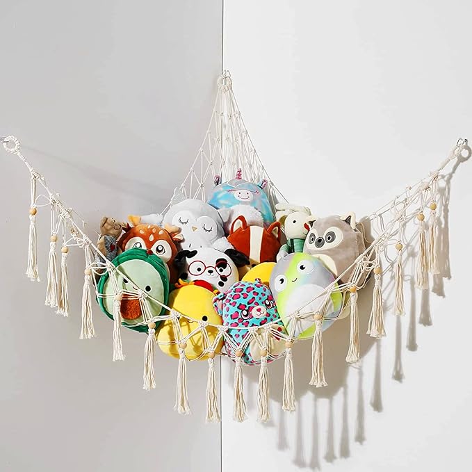 Stuffed Animal Storage Macrame Boho Plush Toy Net Hammock for Stuffed Animals with Light Pet Net for Stuffed Animals Corner Hanging Stuffed Animal Holder Teddy Bear Net for Kids Room (White-1)