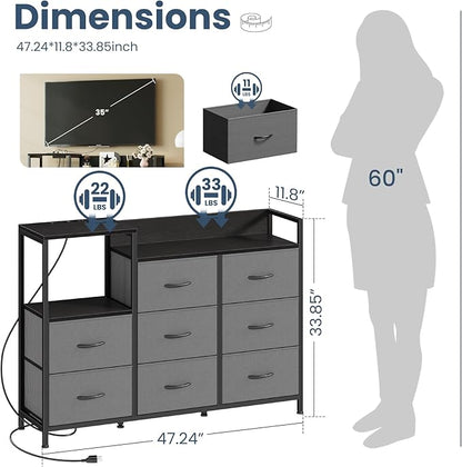 DUMOS TV Stand Dresser with 8 Fabric Drawers & Open Shelves, TV Stand for Up to 45 inch TV with Wooden Top, Entertainment Center with Charging Station for Living Room, Hallway, Grey