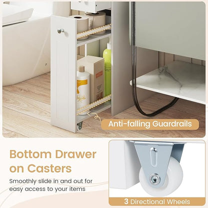 Tangkula Slim Bathroom Storage Cabinet, 4-Tier Narrow Small Side Storage Cabinet Next to Toilet, Slide Out Drawers on Casters, Bathroom Floor Organizer Toilet Paper Holder for Small Spaces (White)