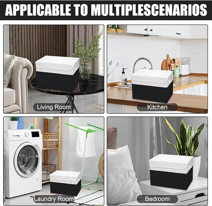 Large 22 Quart Linen Fabric Foldable Storage Bin Cube Organizer Basket with Flip-Top Lid & Handles, Clothes Blanket Box for Home, Office, Closet, Black & White, 4 Pack 14.6 x 9.5 x 9.5