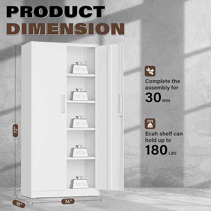 72”Metal Storage Cabinet, Lockable File Cabinets with 2 Doors and 4 Adjustable Shelves, Steel Tool Cabinets with Lock for Office, Home, Gym(White)