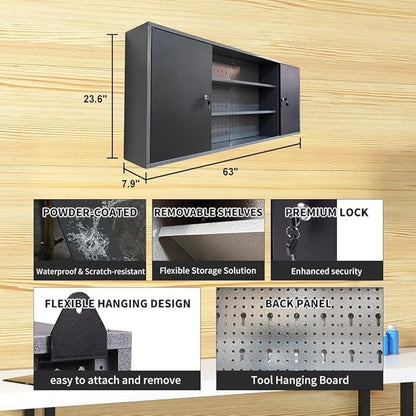 JZD Metal Garage Storage Cabinets Wall Mount with 2 Removable Shelves, Two Lockable Doors, and 22 Hooks for Tool Organization, Black & Grey