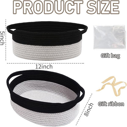 Woven Basket,Small Rope Storage Bin with Handles & Ribbon Bag, Organizer for Shelves Closets,Gift Basket Empty for Birthday,Books,Dog Toys, Black&Grey/2 Pack