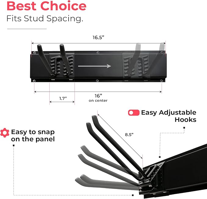 TIDYME Garage Tool Organizer Wall Mount | 48-Inch Garage Wall Organizer & Folding Chair Rack | Heavy-Duty Tool Hanger System | 9-Piece Kit with 3 Steel Rails & 6 Adjustable Hooks | 300 lbs Capacity