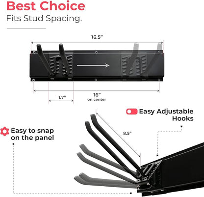 TIDYME Garage Tool Organizer Wall Mount | 48-Inch Garage Wall Organizer & Folding Chair Rack | Heavy-Duty Tool Hanger System | 9-Piece Kit with 3 Steel Rails & 6 Adjustable Hooks | 300 lbs Capacity