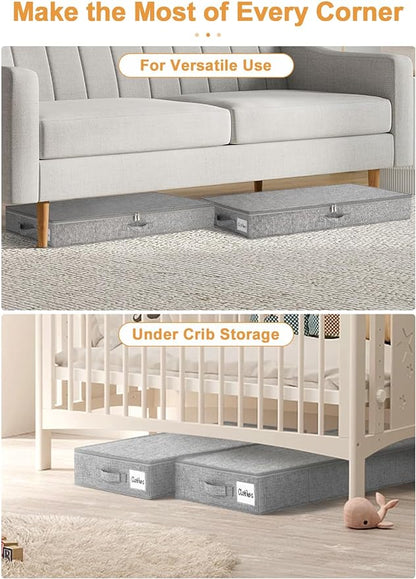 punemi Under Bed Storage Containers, 2 Pack 4.5 Inch Tall Low Profile Underbed Clothes Storage Organizer Bin with Sturdy Side & Bottom Support, Use as Clothes Organizer, Pillow and Blanket Organizer
