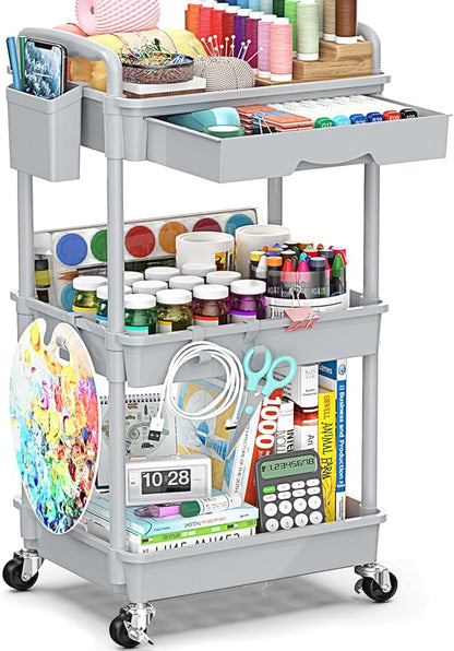 3 Tier Rolling Cart with Drawer, Bathroom Storage Organizer with 2 Lockable Wheels, Multifunctional Rolling Storage Cart for Bathroom, Kitchen, Office, Craft, Makeup, Baby Essentials, Gray