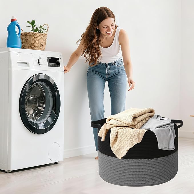 65L Large Blanket Basket,19.7" L x 19.7" W x 13" H Rope Woven Baskets with Handles, Toys Storage Bins,Laundry Basket Perfect for Living Room, Nursery,Bedroom,Home Organization,Black&Dark Grey