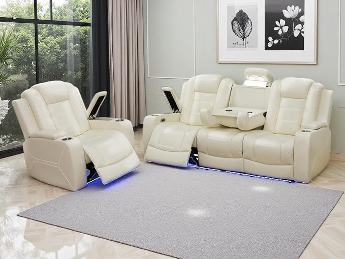 Power Recliner Sofa Set, Creamy White Breathing Leather Reclining Sofa and Chair with Drop-Down Table, Living Room Furniture Sets with Cup Holder/LED Light/USB Port for Living Room, RV Car