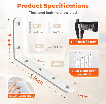 Corner Brace 4 Pcs Shelf Bracket Heavy Duty White Steel L Corner Brace, Decorative Joint Angle Bracket for Shelf 5 InchX3 Inch Shelves Wall Hanging Bracket with Screws (125X75mm(5 InchX3 Inch)(4PCS)