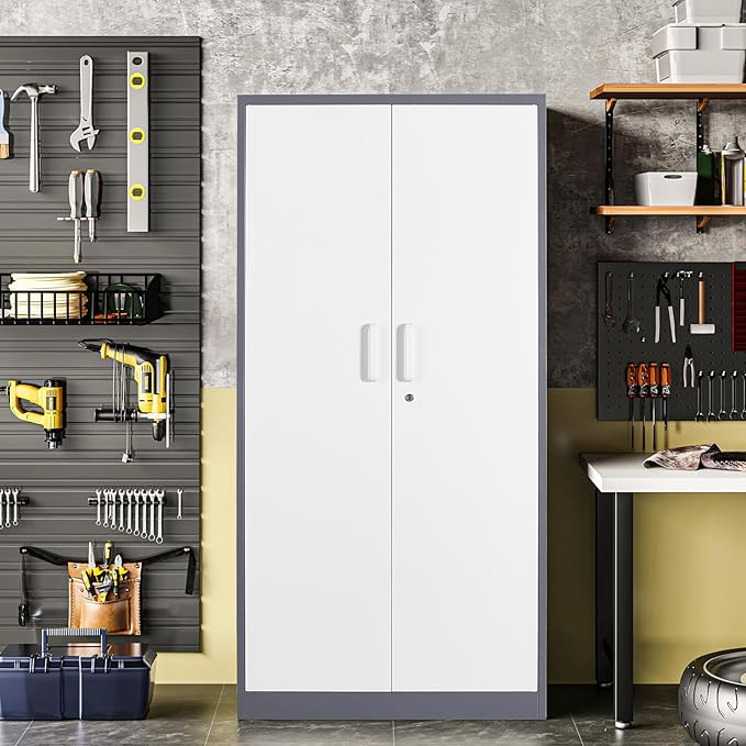 Metal Garage Storage Cabinet, 71" Locking Storage Cabinet with 2 Doors and 4 Adjustable Shelves, Lockable Metal Cabinet for Office,Home,Garage,Gym,School（Gray White）