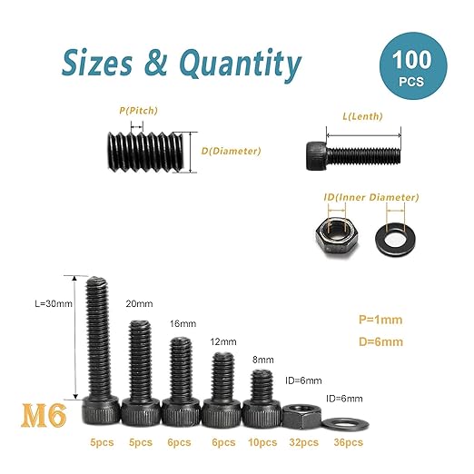 Kadrick Metric Screws Assortment - 100 Pcs M6 Hex Socket Head Cap Bolts, 8mm/12mm/16mm/20mm/30mm With Nuts and Washers - 12.9 Grade Alloy Steel, Black Zinc Plated, Anti-Rust Upgrade