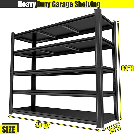Heavy Duty Metal Garage Shelving Unit, 5-Tier Adjustable Storage Shelves, 3000LBS for Garage & Basement, Kitchen and Pantry Industrial Steel Rack, Ideal for Tool Organization & Storage, Black, 63"H
