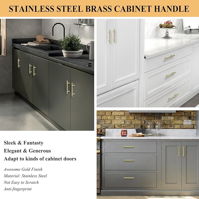 60Pack Gold Cabinet Handles 3 Inch Hole Center-Brushed Brass Cabinet Pulls Gold Dresser Drawer Pulls -Stainless Steel Door Hardware for Kitchen Bathroom Bedroom 5 Inch Length