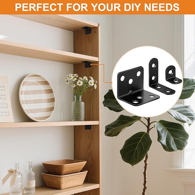 26PCS L Bracket Corner Brace Kit, 3 Sizes Stainless Steel L Brackets for Wood Shelves, 90 Degree Right Angle Bracket, Black Metal Corner Brackets for Furniture Cabinet Drawer Chair (with 88 Screws)