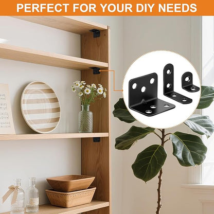 26PCS L Bracket Corner Brace Kit, 3 Sizes Stainless Steel L Brackets for Wood Shelves, 90 Degree Right Angle Bracket, Black Metal Corner Brackets for Furniture Cabinet Drawer Chair (with 88 Screws)