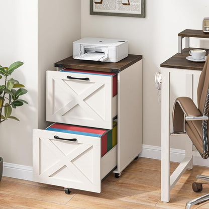 2 Drawer Small File Cabinet with Wheels, Farmhouse Vertical Filing Cabinet Fits A4/Letter Size, Under Desk Rolling File Cabinets for Home Office, Wooden Printer Stand, Rustic White