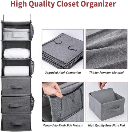 Hanging Closet Organizer, 6-Shelf Closet Organizers and Storage with 3 Removable Drawers, Sturdy Hanging Shelf Organizer for Bedroom, Dark Gray