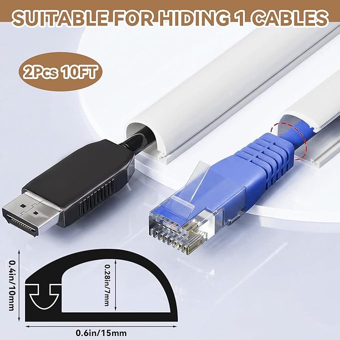Tatuo 2 Pcs Silicone Wall Wire Hider, 10 ft Each, Self-Adhesive Flexible Cord Hider Wall, Side Open Wire Covers Cable Concealer for Mounted TV, Home Office Management (0.6" W x 0.4" H)