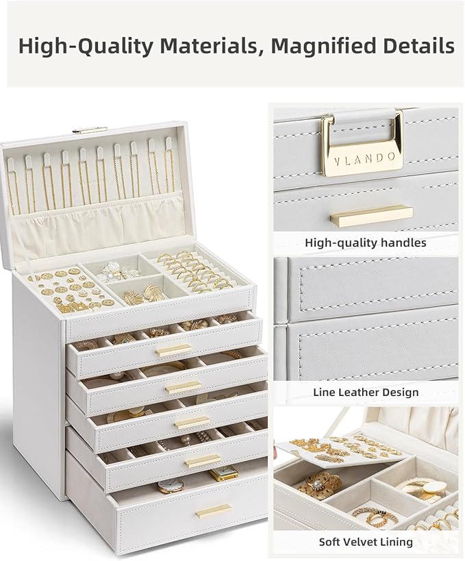 Vlando 6 Layer Large Jewelry Box - Jewelry Holder Organizer, Jewelry Box Organizer for Drawer Necklace Ring Bracelet and Watch, Birthday Gift for Loved Ones - Beige