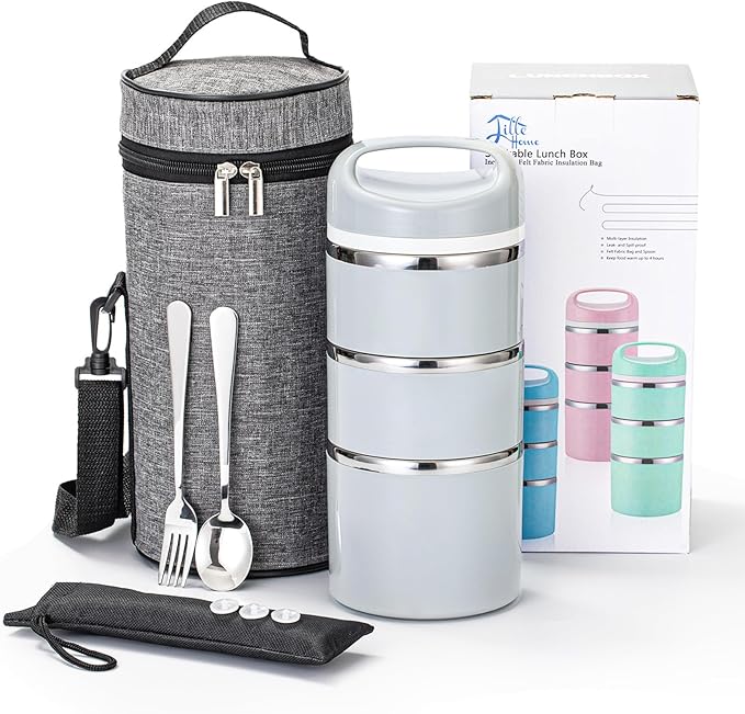 Lille Home Stackable Stainless Steel Thermal Compartment Lunch/Snack Box, 3-Tier Insulated Bento/Food Container with Lunch Bag, Utensils Set and Three Extra Seals, 43OZ (Gray)