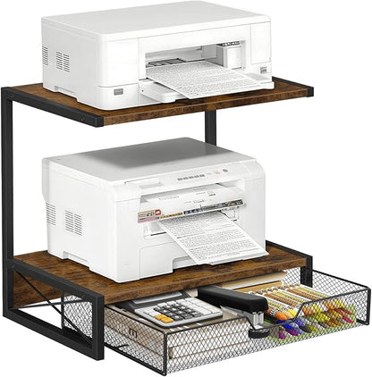 ELITEROO 2-Tier Desktop Printer Stand with Storage Drawer, Wooden Printer Stand for Desk, Small Printer Table with Shelf for Home Office, Fits Fax Machine, Scanner, 3D Printer, Rustic Brown