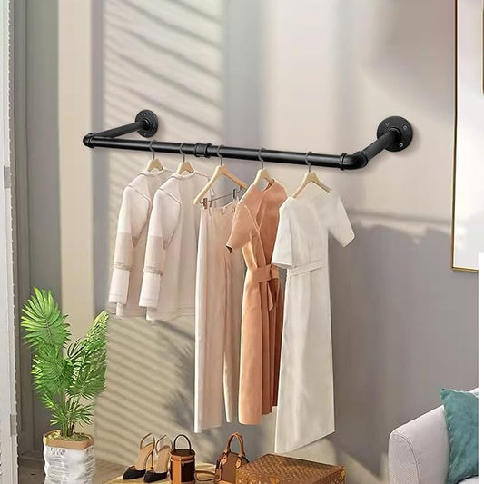 Industrial Iron Pipe Clothes Hanging Bar DIY Wall-Mounted Garment Rack Heavy Duty Clothing Rack for Bedroom, Laundry Room, Closet Storage (Black 28 inch)