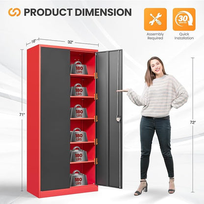 Metal Garage Storage Cabinets with Lock, 71" Tall Tool Cabinet with 2 Door and 5 Adjustable Shelves, Locking Garage Cabinets and Lockable Steel Locker for Home Office Warehouse-(Red Black-71”H)