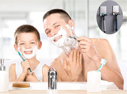 Razor Holder Shaver Hook Hanger Stand Caddy (2 Pack) Self Adhesive Stick on Hook Heavy Duty Stainless Steel Phone Holder for Shower, Tools for Hanging Washcloth Towel Loofah for Bathtub Wall, Black