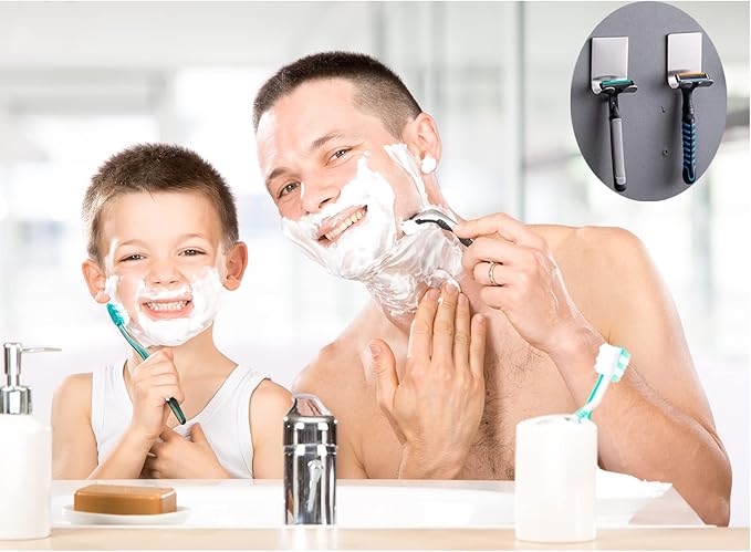 Razor Holder Shaver Hook Hanger Stand Caddy (4 Pack) Self Adhesive Stick on Hook Heavy Duty Stainless Steel Phone Holder for Shower, Tools for Hanging Washcloth Towel Loofah for Bathtub Wall, Black